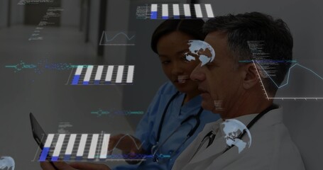 Doctors with stethoscopes in coat and scrubs holding tablet, viewing overlays in hospital corridor