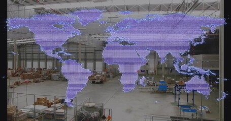 Projecting semi-transparent purple world map overlay across warehouse with pallets and machinery
