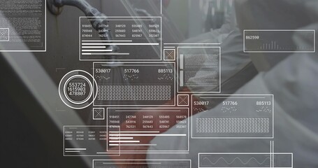 Lab technician wearing orange gloves washing instrument under faucet with data overlays, copy space