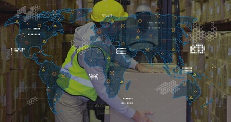 Warehouse staff handling cardboard box in distribution center, with forklift, digital map overlay
