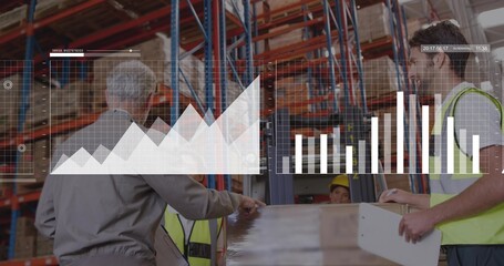 Discussing warehouse workers examining loaded pallet in storage bay with forklift, cardboard boxes