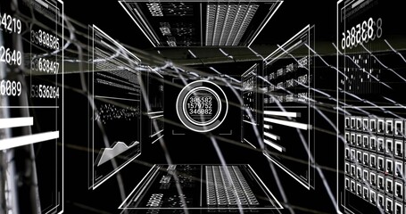 Floating interface showing three readouts in 3D data space, with panels, charts and network lines