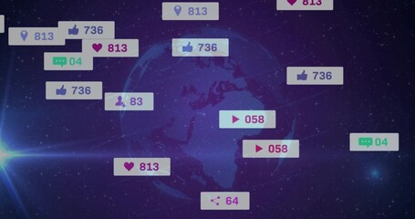 Rotating digital globe in cosmic star field, with floating social media metric widgets