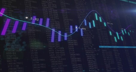 Showing candlestick chart fluctuating at dashboard, with line graph and circular data markers