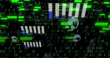 Plakat Displaying network on dark backdrop, with green binary digits, globe icons and striped bars