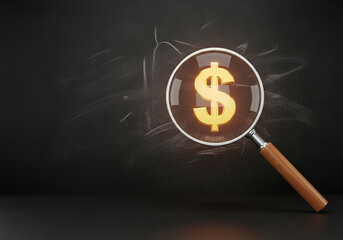 Dollar symbol with magnifying glass on dark background, concept of money analysis, financial growth, market research, investment review