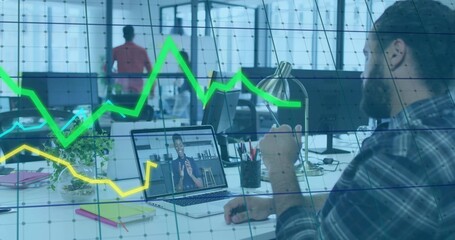 Reviewing laptop call, bearded worker working in open-plan office with mug and monitors, copy space