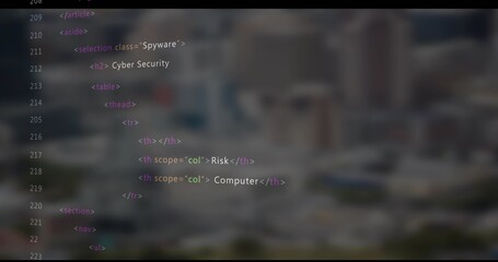 Displaying code editor on screen with line numbers and syntax highlighting over blurred skyline