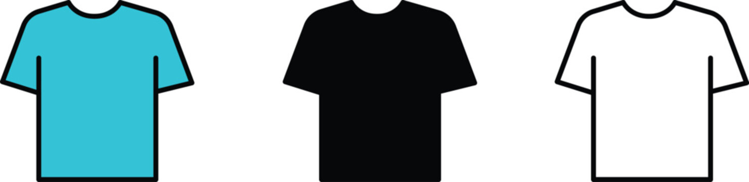 Set of t-shirt icons with outline and glyph style for fashion clothing apparel design, and garment branding concepts.