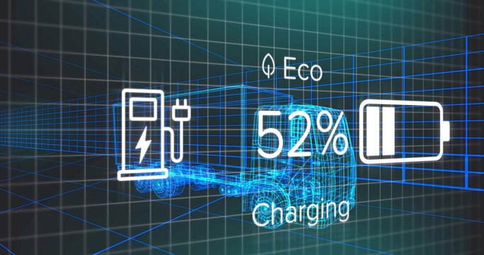 Moving wireframe semi-truck in virtual 3D grid, showing EV charging icon, battery icon and 52% text