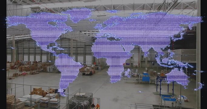 Projecting semi-transparent purple world map overlay across warehouse with pallets and machinery - Powered by Adobe