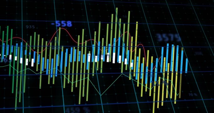 Displaying chart showing bars and trend lines on trading platform, with grid and numeric labels
