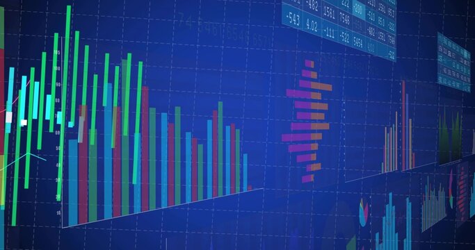 Trading dashboard displaying chart in software, with vertical bar charts, trend line and data table