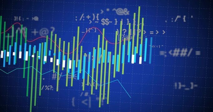 Displaying multicolored bars and pink light blue lines on blue grid screen, with floating symbols