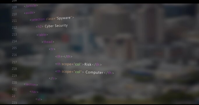 Displaying code editor on screen with line numbers and syntax highlighting over blurred skyline - Powered by Adobe