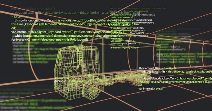 Fototapeta Displaying neon-yellow 3D wireframe truck model in virtual design space, with orange grid and code