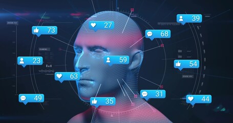 Animating 3D dotted mesh head model in digital interface, with social media icons, radial UI rings