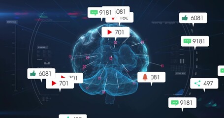 Floating wireframe brain model connecting social media icons in analytics UI, overlaying readouts