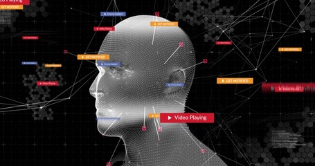 Displaying 3D mesh head in profile at dashboard with UI notifications, lines, nodes on hex grid