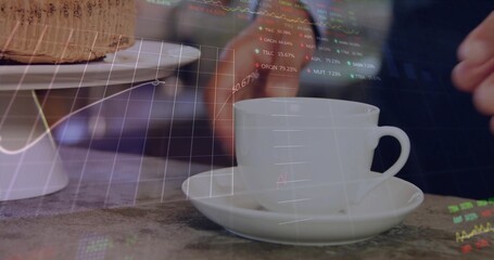 Resting white coffee cup and saucer on cafe table, cake slice and tablet showing stock charts © vectorfusionart