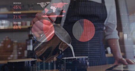 Barista pouring stainless steel pitcher into cup for latte art at coffee counter with data overlays
