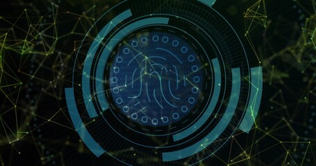 Showing fingerprint scanner projecting biometric overlay in mesh, with rings, arcs, code and nodes
