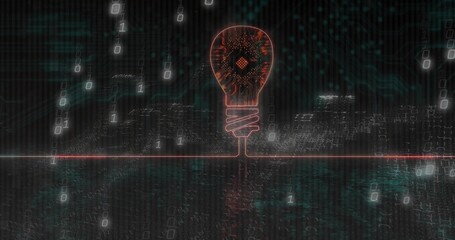 Glowing neon circuit bulb hovering within digital matrix, with microchip core and binary streams