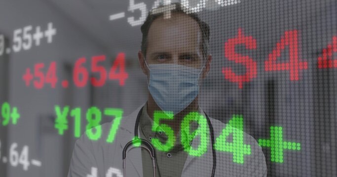 Standing doctor wearing mask lab coat, stethoscope in hospital corridor, with stock ticker overlay