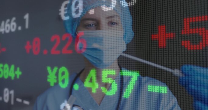 Viewing female medic analyzing translucent finance overlay, holding swab near mask with stethoscope