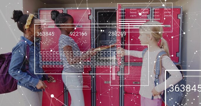 Opening locker student retrieving notebook in school corridor, with red lockers and data overlay - Powered by Adobe