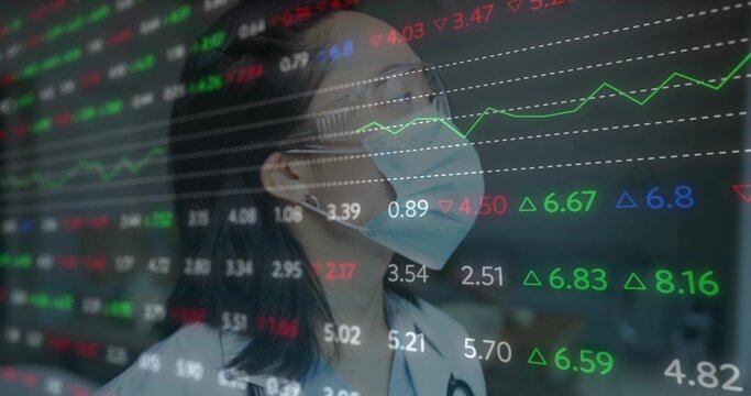 Viewing financial data overlay, Korean doctor wearing stethoscope mask glasses in front of screen