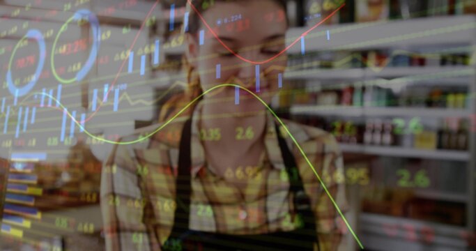 Displaying female store clerk wearing plaid shirt apron blending grocery aisle with stock charts