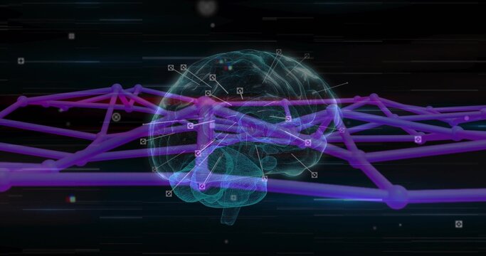 Floating 3D brain model rotating in virtual cyberspace, with neon lines and light streaks