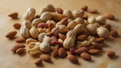 Assortment of Nuts - Peanuts, Almonds, and Cashews on a Wooden Surface.