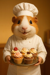 Cute Guinea Pig Chef Holding Delicious Cupcakes in Bakery Kitchen