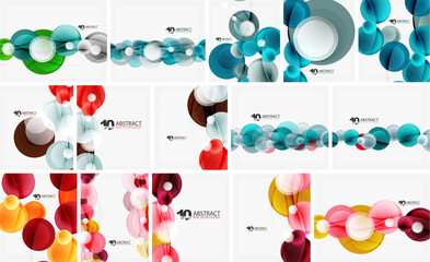 Colorful abstract designs. Circles, lines, shapes create modern visuals. Bright hues dominate compositions. Minimalist aesthetic present.