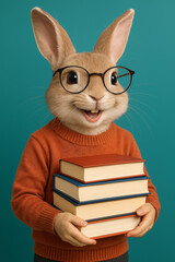 Happy Rabbit with Glasses Holding Books Against a Teal Background
