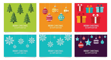Festive Christmas Greetings Colorful Holiday Cards with Trees, Ornaments, Presents, and Snowflakes