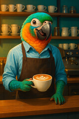 Colorful Parrot Barista Serving Coffee in Cozy Caf&eacute; Setting