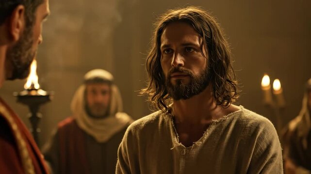 High priest questions a man, focusing on his face, during a religious trial, sacred event, cinematic footage.