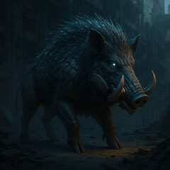 Mechanical Wild Boar Amidst Ruined Urban Environment