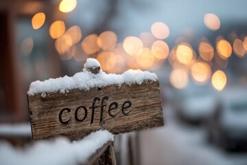 close-up of wooden sign "coffee" half covered with snow, soft bokeh lights in background