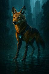 Futuristic Canine in Rainy Urban Landscape with Sci-Fi Elements