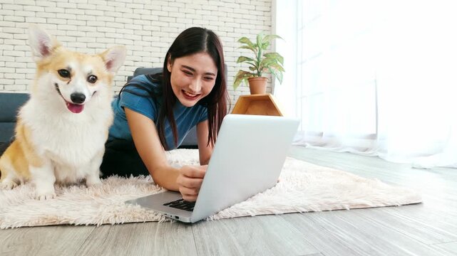 Young woman working on a laptop while lying on a rug beside her Corgi dog at home. A cozy, pet-friendly remote work setup showcasing happiness, productivity, and the comfort of working with pets.