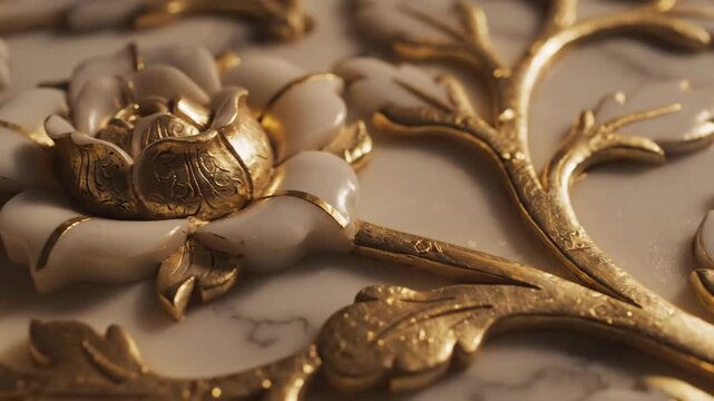 Mughal Floral Art A Photorealistic Close-Up of Intricate Gold and White Marble Inlay Craftsmanship and Regal Floral Artistry