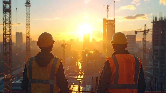 夕日を眺める現場作業員、建築