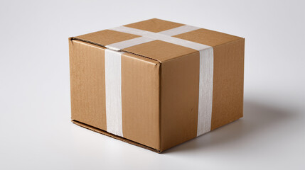 Fototapeta premium A plain closed cardboard box sealed with white packing tape sits on a white background. The simple and clean composition highlights packaging, delivery, and shipping concepts.