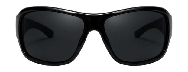 Large wraparound sunglasses with shiny black frames and dark lenses.