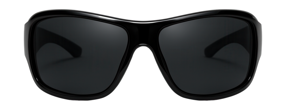 Large wraparound sunglasses with shiny black frames and dark lenses.