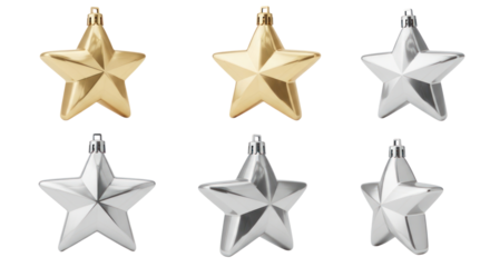 Elegant gold and silver star ornaments sparkle with festive cheer, ideal for holiday designs and joyful celebrations.